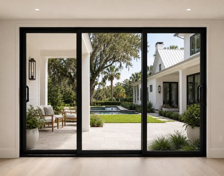 Black-framed impact sliding glass door opening to a pool patio